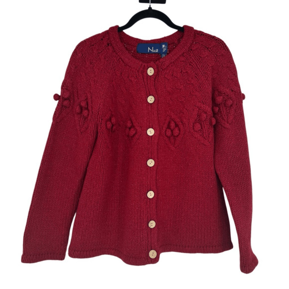 Nua Womens M Cardigan Sweater Merino Wool Silk Bubble Knit Red Ireland Fairy - Picture 1 of 13